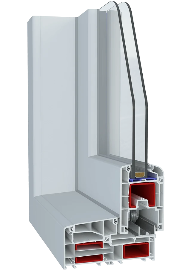 PVC profile cross section with rubber gasket system showing sealing layers insulation zones and multi chamber structure